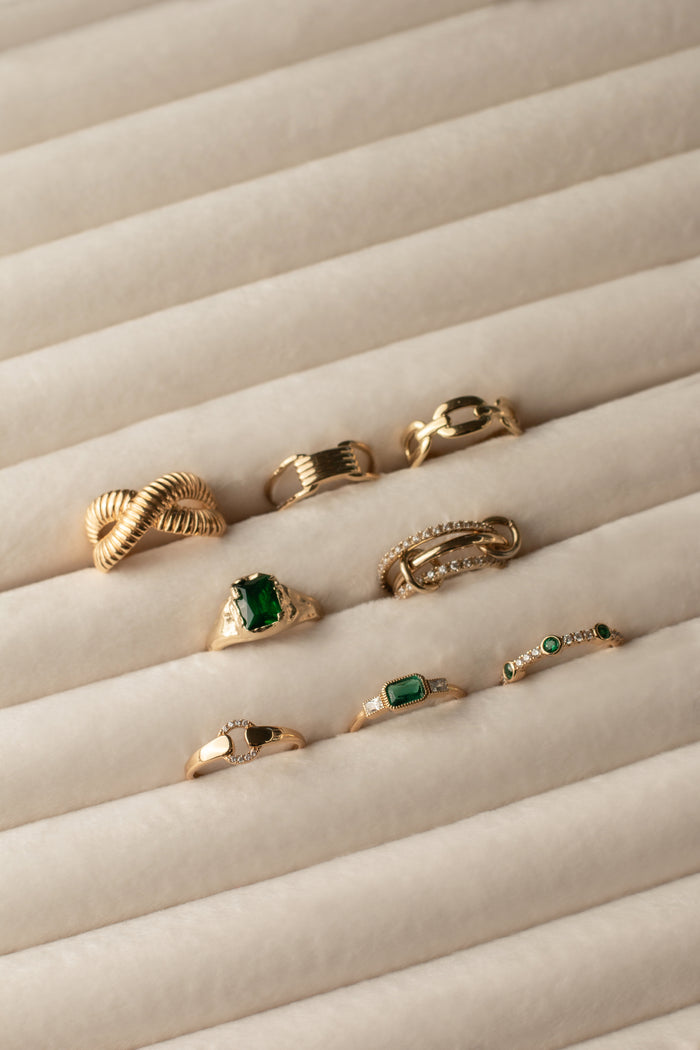 East West Emerald ring by Beads by Tara, set with a horizontal green stone
