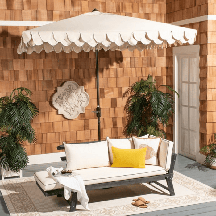 Elegant Valance 7.5 Ft Beige & White Square Umbrella - Outdoor Umbrellas - The Well Appointed House