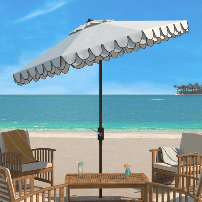 Elegant Valance 9ft White & Navy Auto Tilt Umbrella - Outdoor Umbrellas - The Well Appointed House