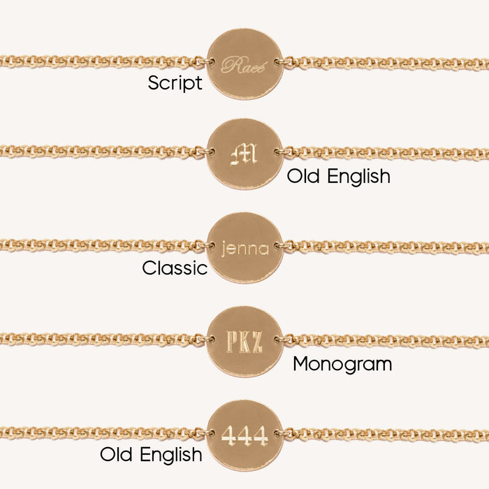 Chart of different fonts engraved onto circle tags on a gold chain bracelet