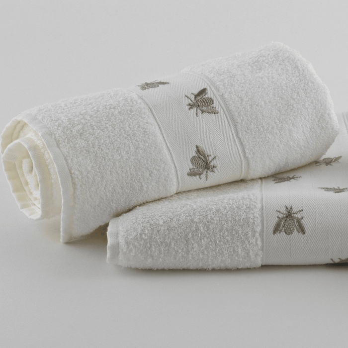 Embroidered Honeybee Design White Cotton Towels - Bath Towels - The Well Appointed House