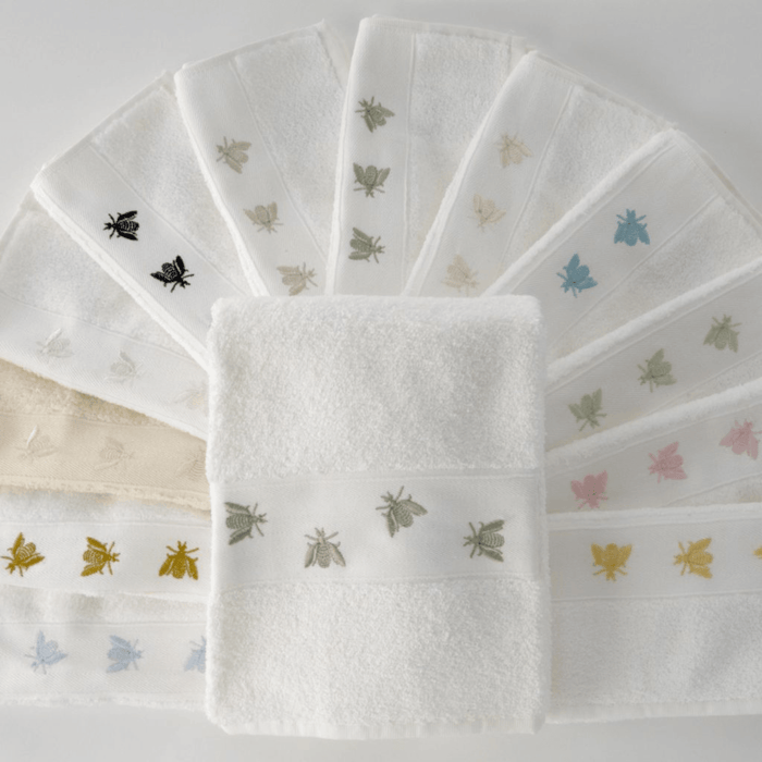 Embroidered Honeybee Design White Cotton Towels - Bath Towels - The Well Appointed House