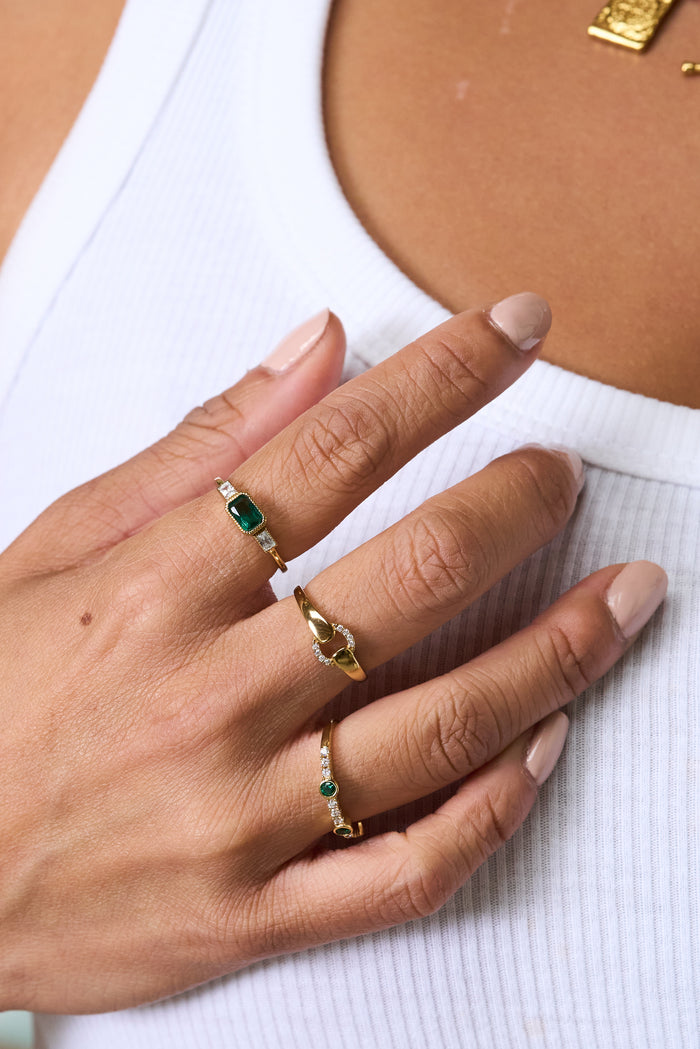 Gold vermeil Emerald Drop ring combining color, sparkle, and texture