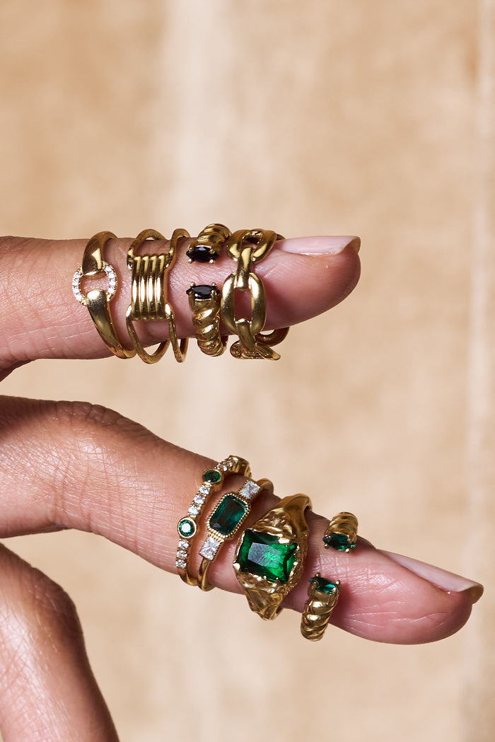 14k gold vermeil Emerald Drop ring, a colorful centerpiece for a ring stack