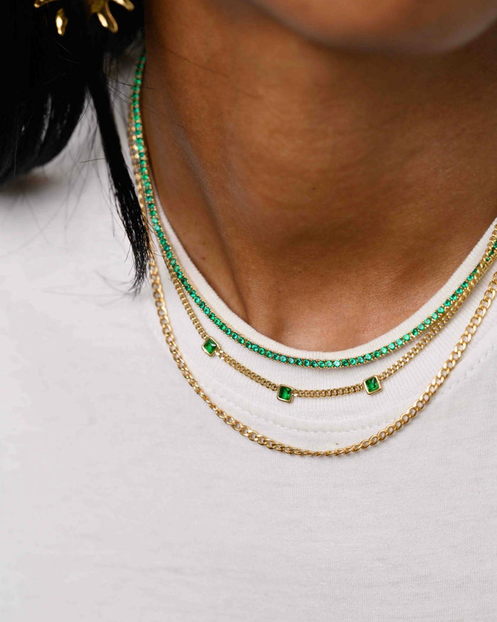 Detail of the gold Emerald Everyday tennis necklace by Beads by Tara