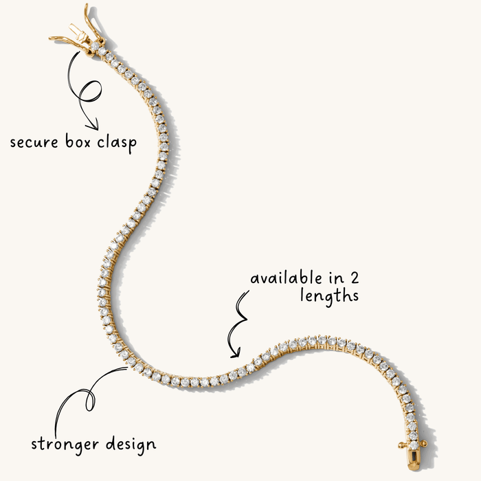 Close up of tennis bracelets with labels on a white background