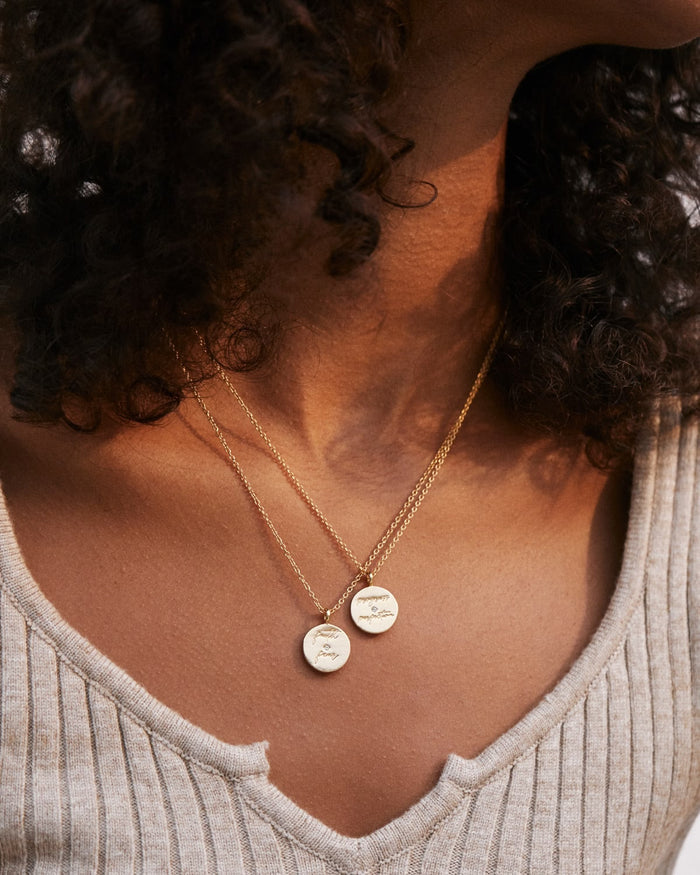 Bryan Anthonys Mindful Messages Faith Over Fear Gold Necklace with Crystal on Model