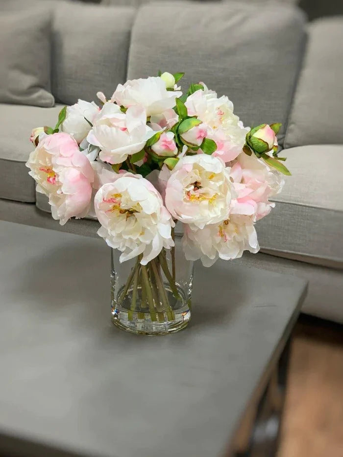 Faux Blush Pink Peony Floral Arrangement In Glass Vase - Florals & Greenery - The Well Appointed House