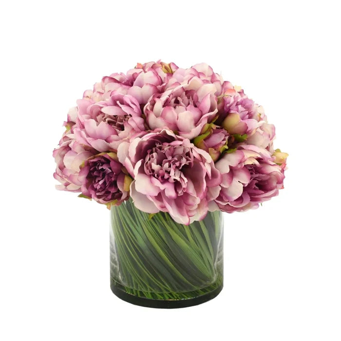 Faux Dark Pink Peonies and Grass Arranged in a Glass Vase - Florals & Greenery - The Well Appointed House