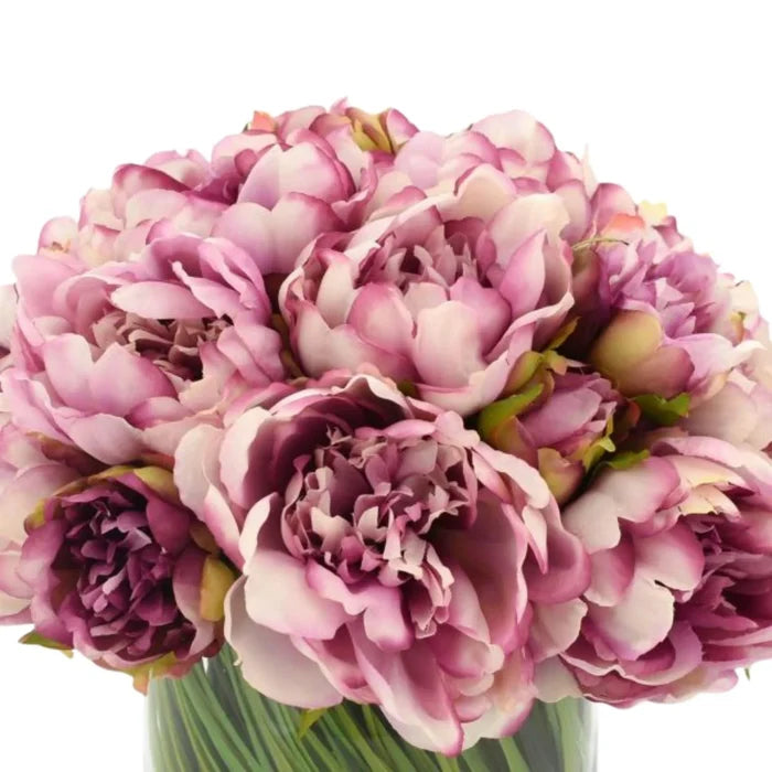 Faux Dark Pink Peonies and Grass Arranged in a Glass Vase - Florals & Greenery - The Well Appointed House