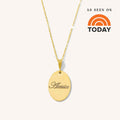 The Fiona necklace, an engravable oval pendant in 14k gold fill