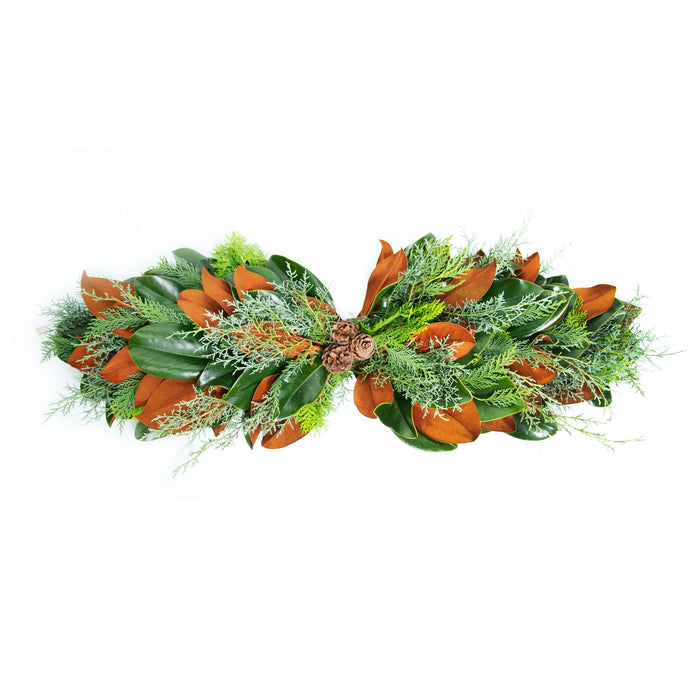 Fresh Magnolia Leaves, Cypress & Pinecones Mantel Piece- The Well Appointed House