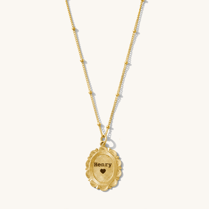 Gilded Frame medallion necklace in 14k gold fill with a scalloped engravable center