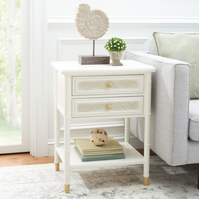 Glossy White Two Drawer Chinoiserie Style Side Table