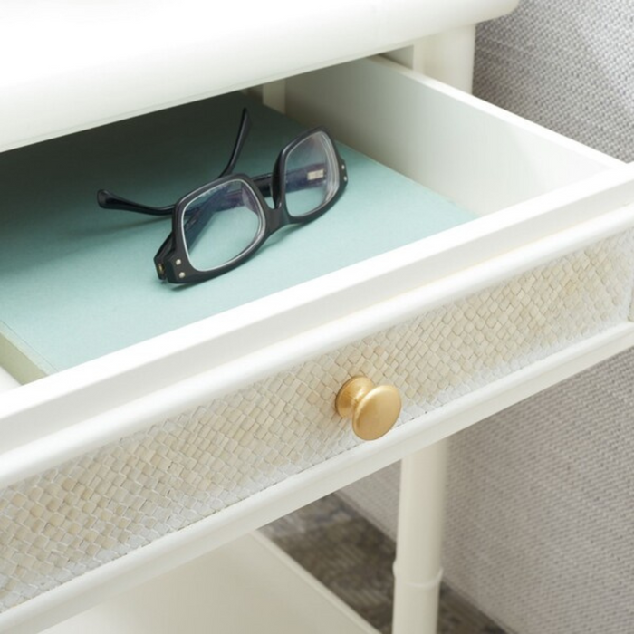 Glossy White Two Drawer Chinoiserie Style Side Table