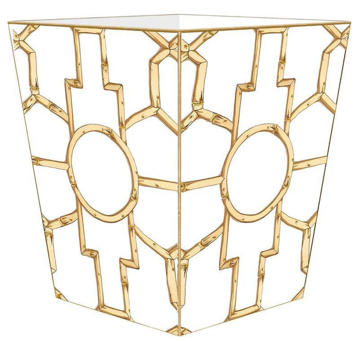 Gold Bamboo on White Decoupage Wastebasket and Optional Tissue Box Cover - Wastebasket Sets - The Well Appointed House