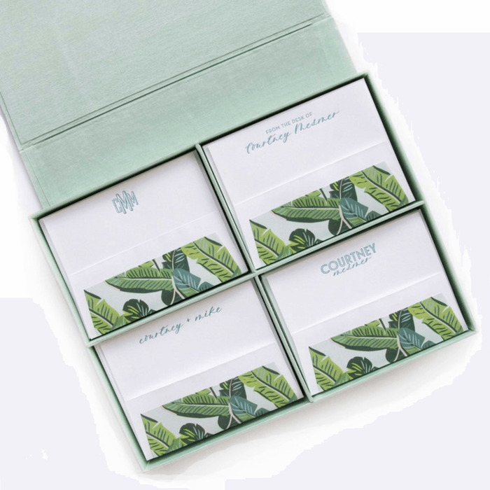 Grand Seafoam Banana Leaf Silk Letterpress Stationery Box Set- G38 - Stationery - The Well Appointed House