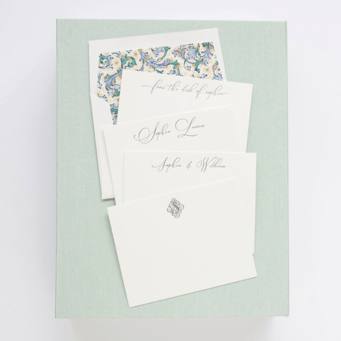 Grand Seafoam Leaf Scroll Silk Letterpress Stationery Box Set- G26 - Stationery - The Well Appointed House