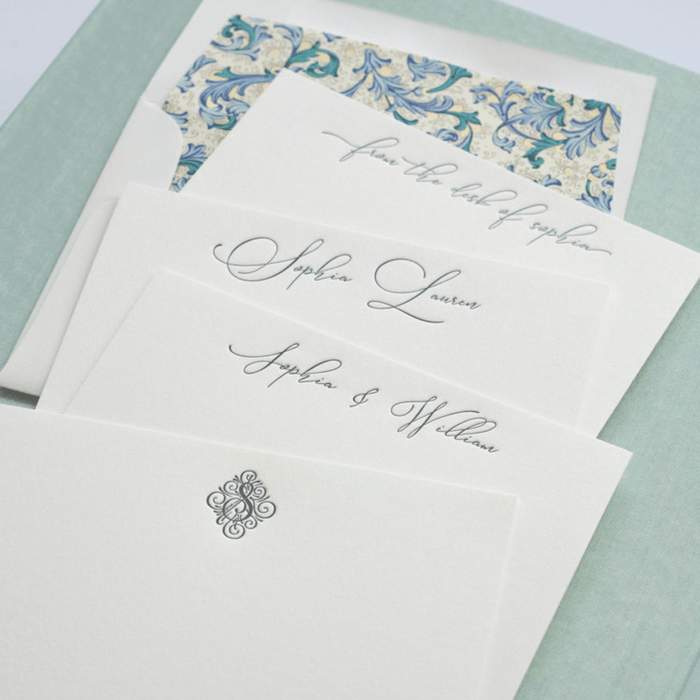 Grand Seafoam Leaf Scroll Silk Letterpress Stationery Box Set- G26 - Stationery - The Well Appointed House
