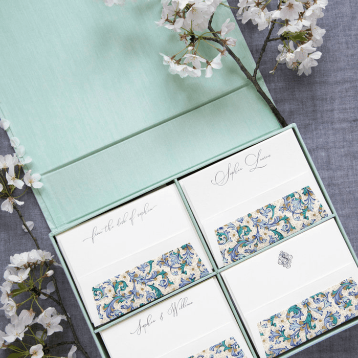 Grand Seafoam Leaf Scroll Silk Letterpress Stationery Box Set- G26 - Stationery - The Well Appointed House