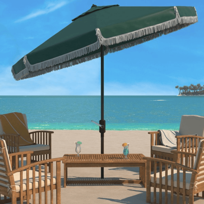 Green Outdoor Crank Umbrella With White Fringe - Outdoor Umbrellas - The Well Appointed House