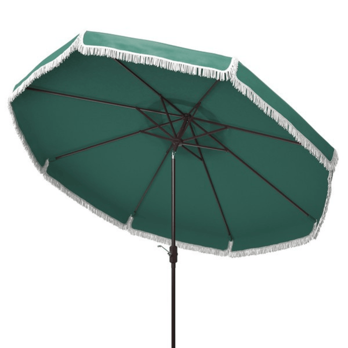 Green Outdoor Crank Umbrella With White Fringe - Outdoor Umbrellas - The Well Appointed House