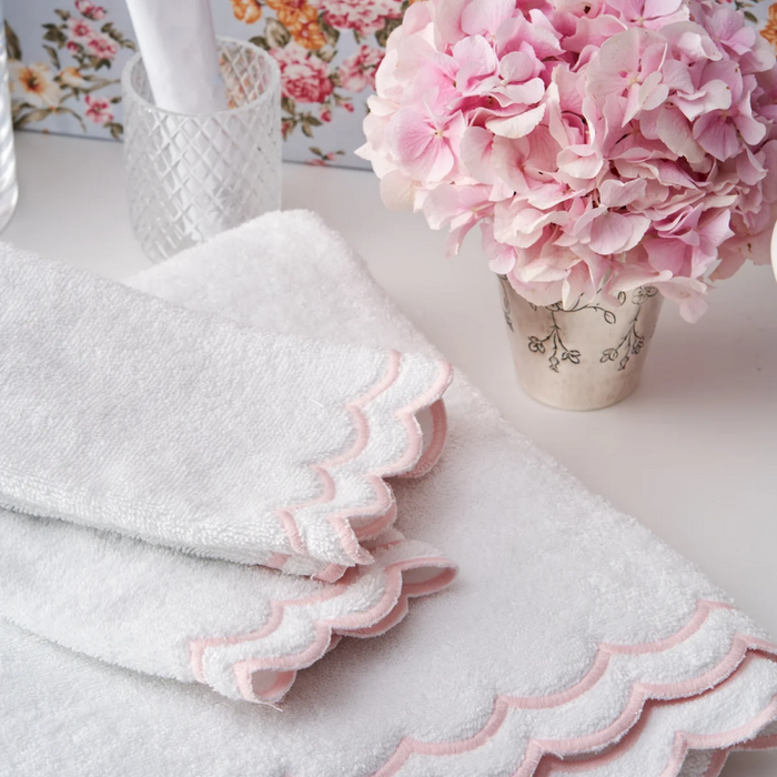 Guest Bundle of White Scalloped Edge Embroidered Cotton Towels- Available With Pink, Blue Or Green Trim