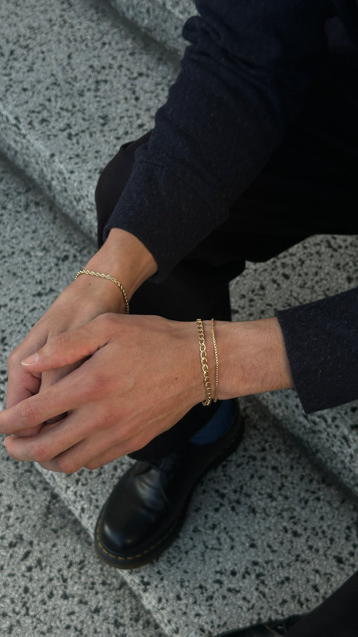 A person sitting on a staircase wearing black clothing and gold bracelets
