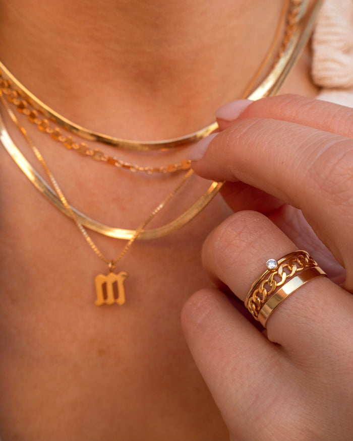 Close up of a hand wearing the Harper chain ring by Beads by Tara