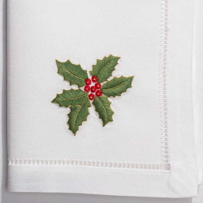 Set of 4 Holly Gold Christmas Dinner Napkin - Christmas Dinner Napkins - The Well Appointed House