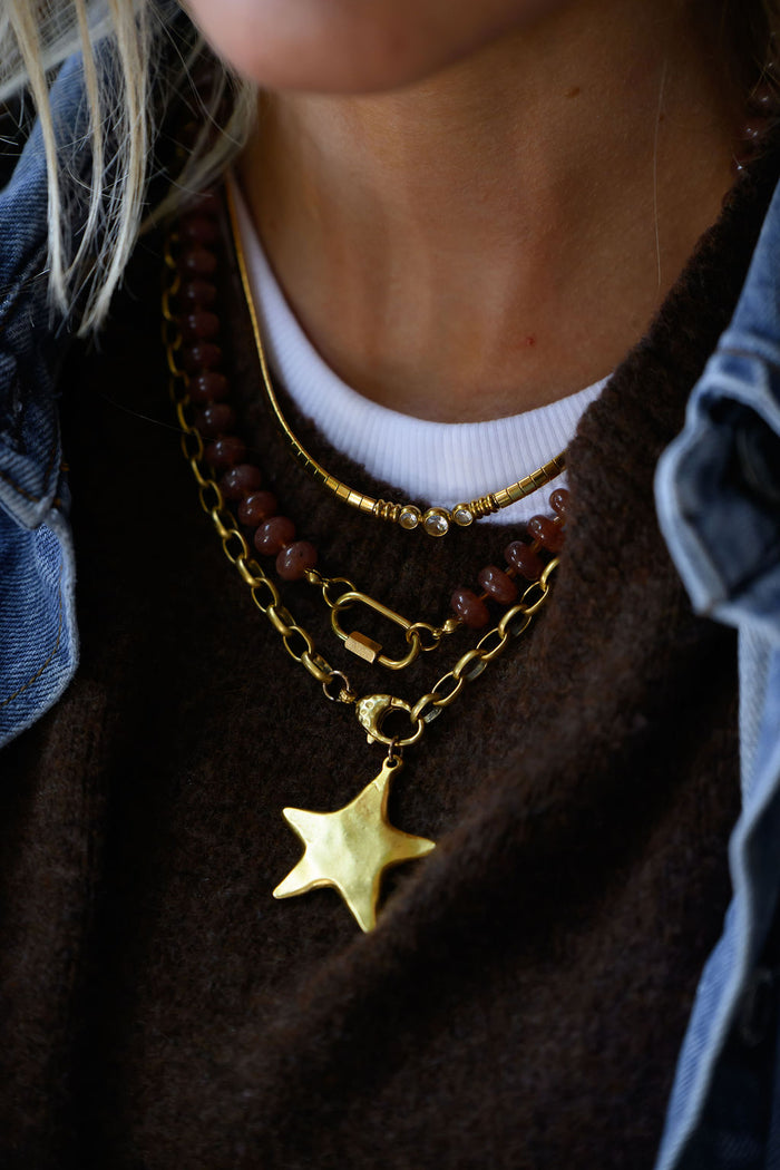Chocolate brown quartz Hot Chocolate necklace with a functional gold carabiner