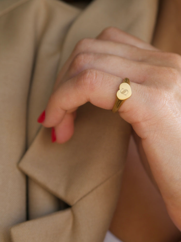 Initial Heart signet ring engraved with a letter inside a heart