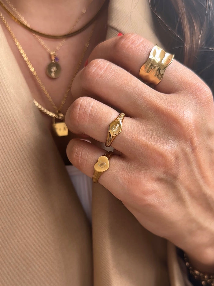 Beads by Tara Initial Heart signet ring, a bold matte band in gold
