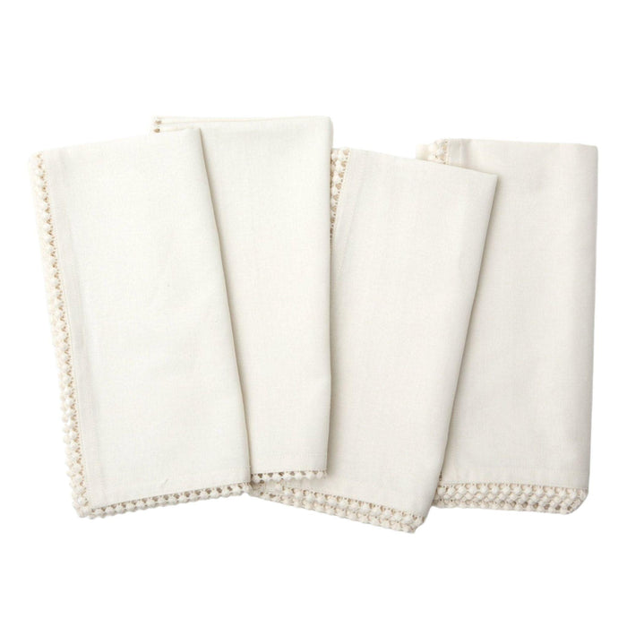 Ivory Dinner Napkins with Pom Pom Border - Dinner Napkins - The Well Appointed House