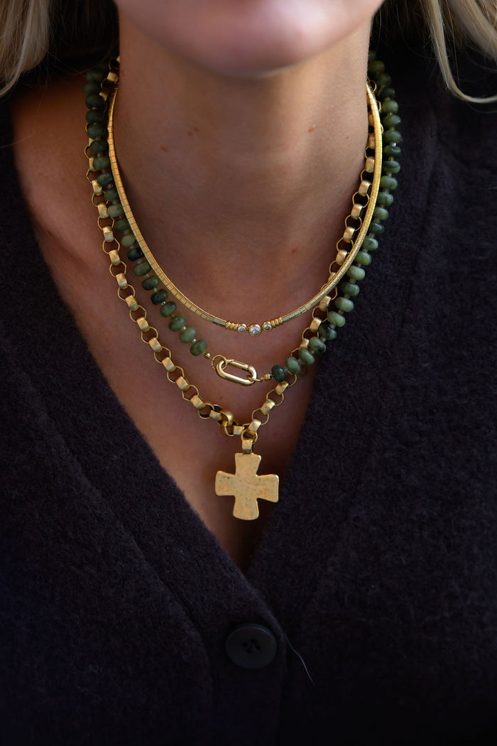 The Kaye necklace, chunky antique gold links with a bold textured cross pendant