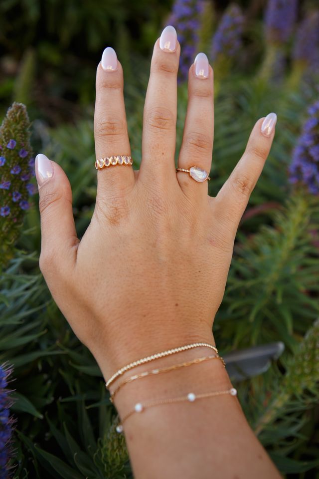 Close view of the Lainie ring and its row of bezeled faceted oval stones