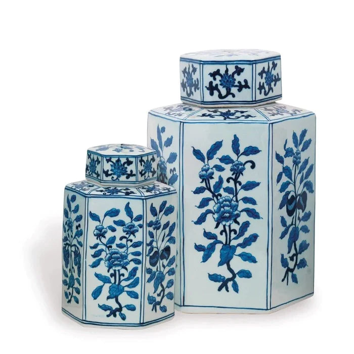 Large Blue and White Porcelain Floral Tea Jar - Vases & Jars - The Well Appointed House