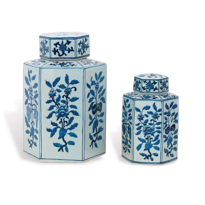 Large Blue and White Porcelain Floral Tea Jar - Vases & Jars - The Well Appointed House