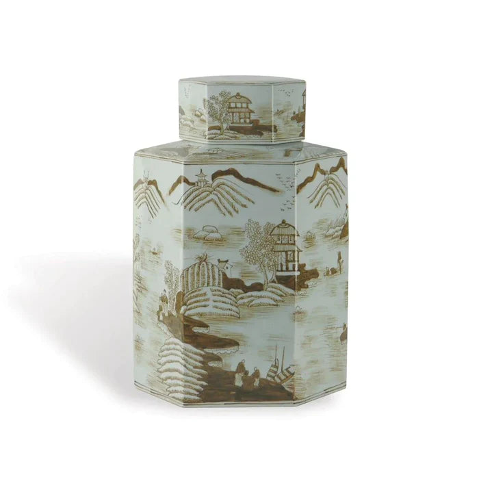 Large Brown on White Porcelain Tea Jar with Asian Pastoral Scene - Vases & Jars - The Well Appointed House