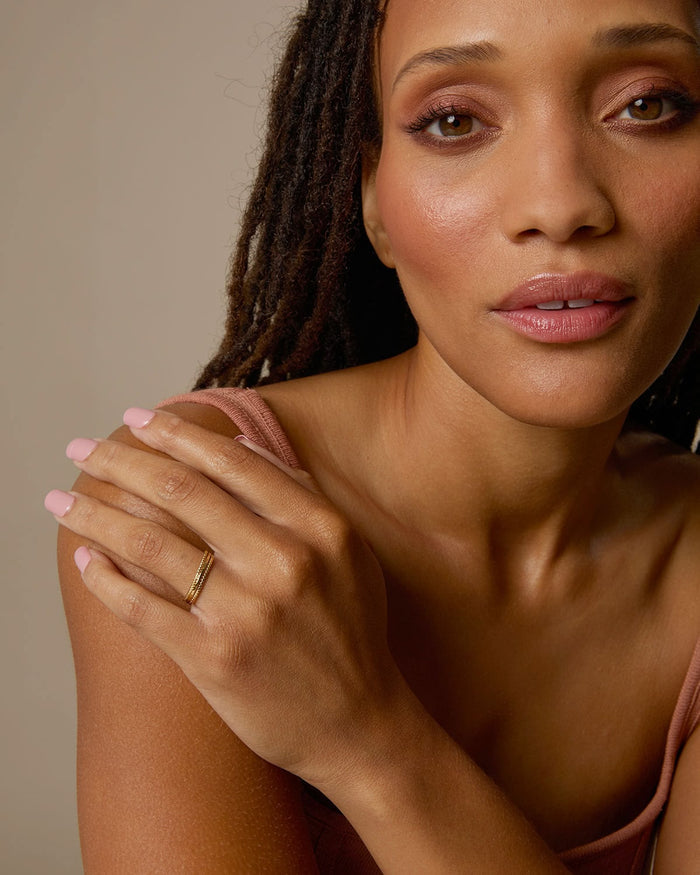 Bryan Anthonys Layers of You Ring Stack Aligned Entwined and Simplicity Rings in Gold On Model