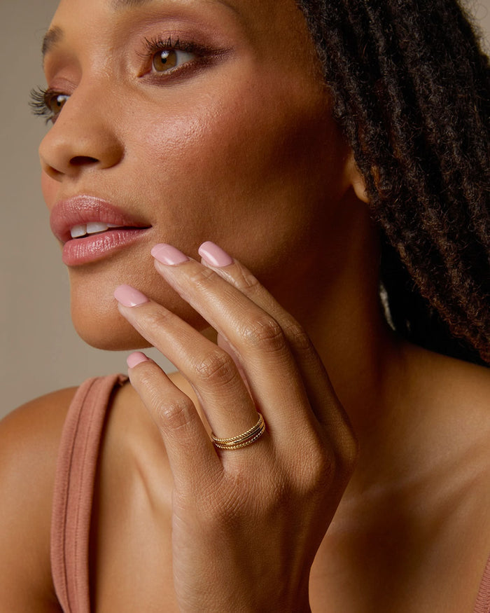Bryan Anthonys Layers of You Ring Stack Aligned Entwined and Simplicity Rings in Gold On Model