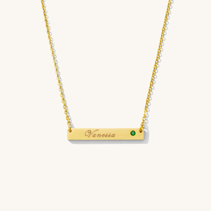 Engraved Lennon bar pendant with a sparkling birthstone accent in gold