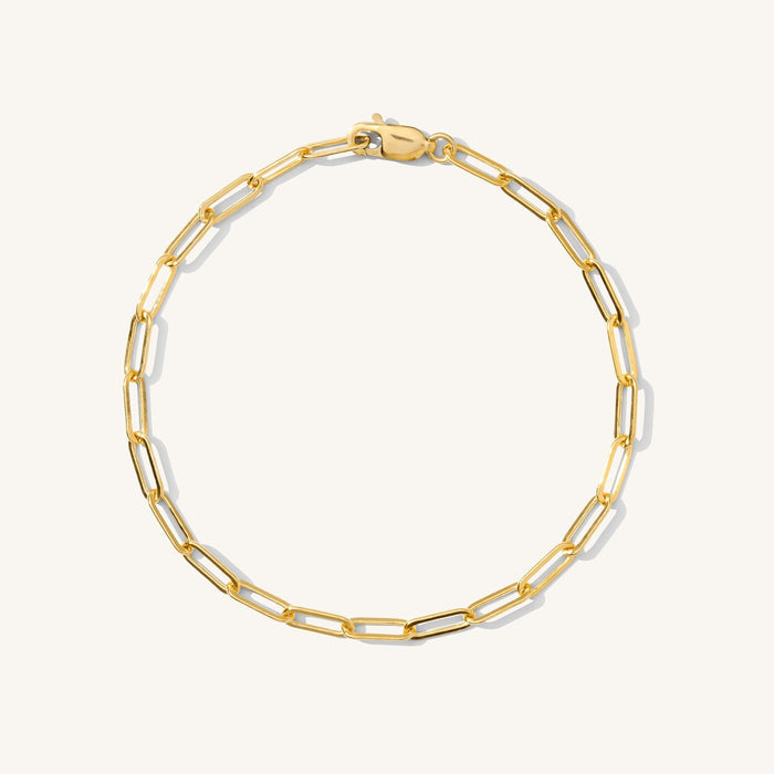 Close up of a gold link bracelet on a white background