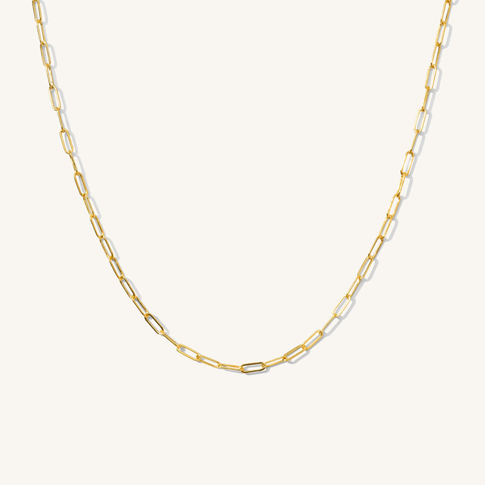 Close up of the gold Link Up rolo chain necklace on a white background