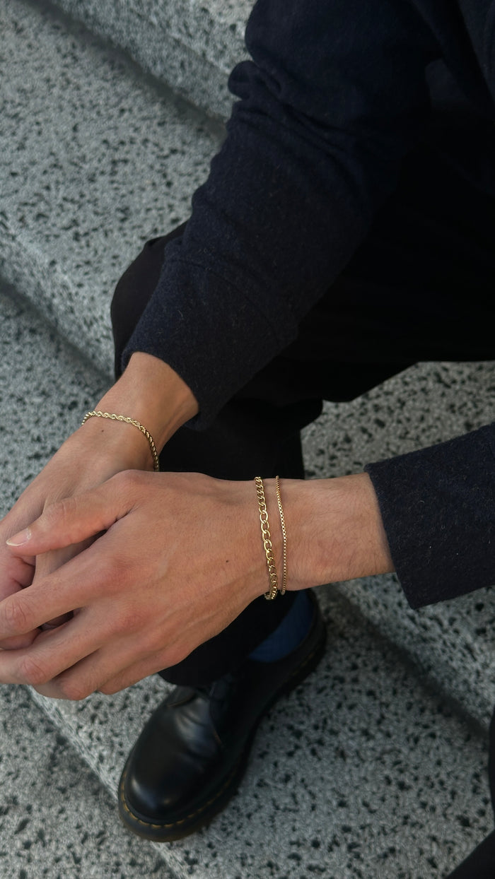 A person sitting on a staircase wearing black clothing and gold bracelets