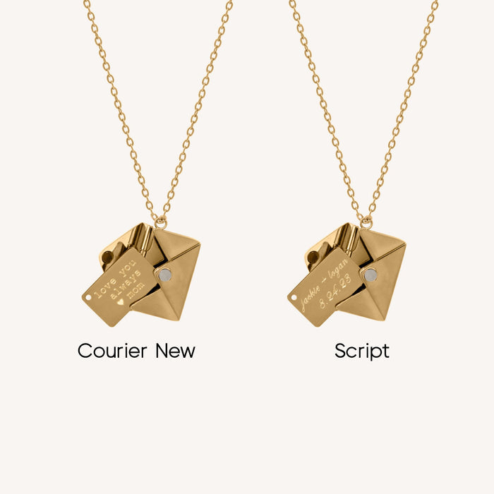 Small rectangular Love Note plate necklace in gold vermeil or stainless steel