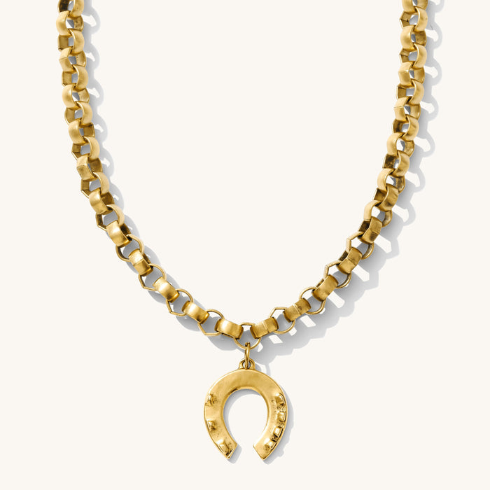 Close up of the gold Lucky Me horseshoe necklace on a white background