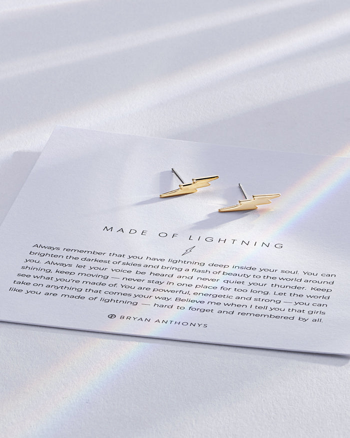 Made Of Lightning Earrings on card in 14k gold finish