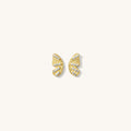 Close up of the gold Mariposa butterfly stud earrings on a white background