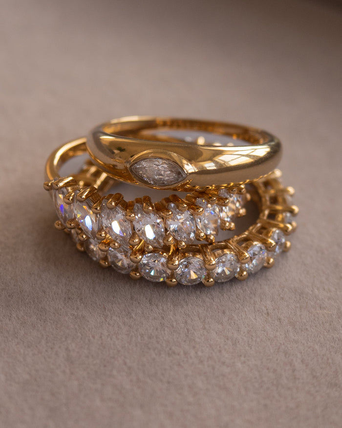 Model wearing the gold Markie marquise ring, photographed for Beads by Tara